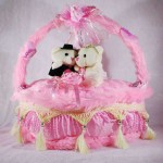 Beautiful Pink Valentine Decorated Heart Cake Plush Cushion with Love Couple Teddy Bears
